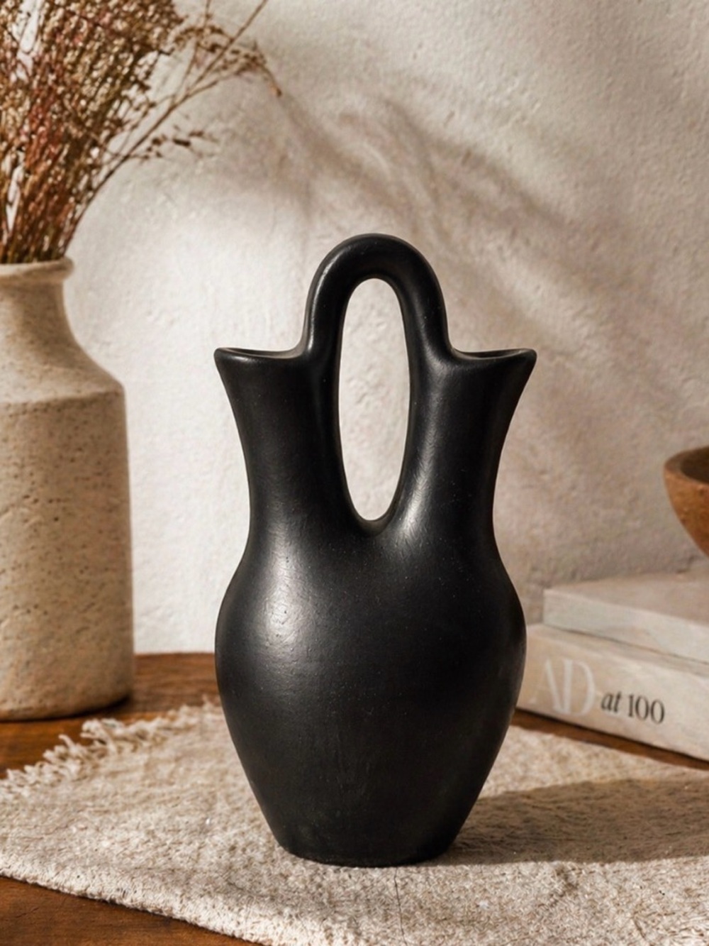 Vintage 90s Matte Black Studio Pottery Double Spout Vase Signed ML SDP
